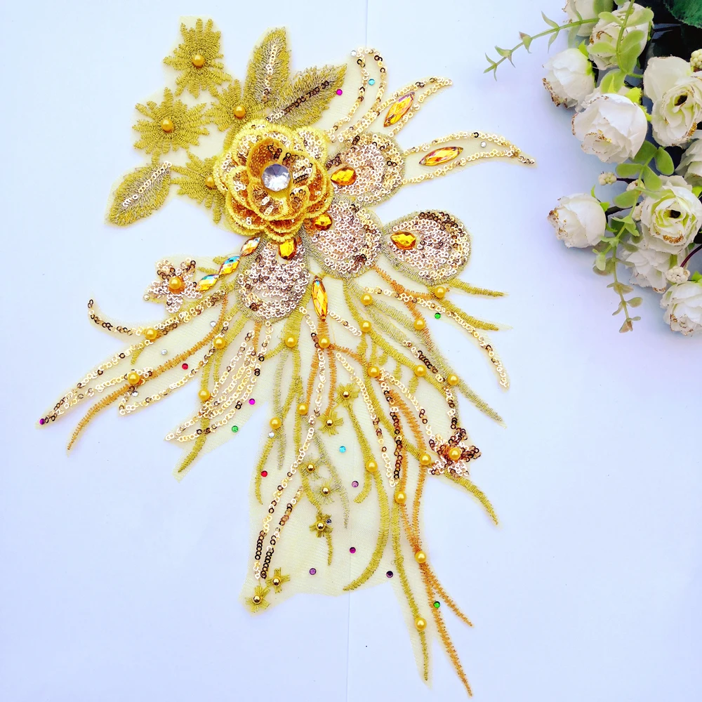 3D желтые кружевные нашивки аппликации из бисера стразы кристаллы 26x40 см