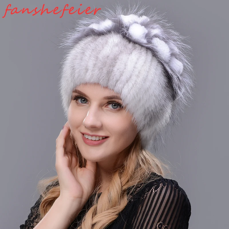 Русская вязаная шапка FANSHEFEIER с оттером и лисой натуральным мехом зимняя женская