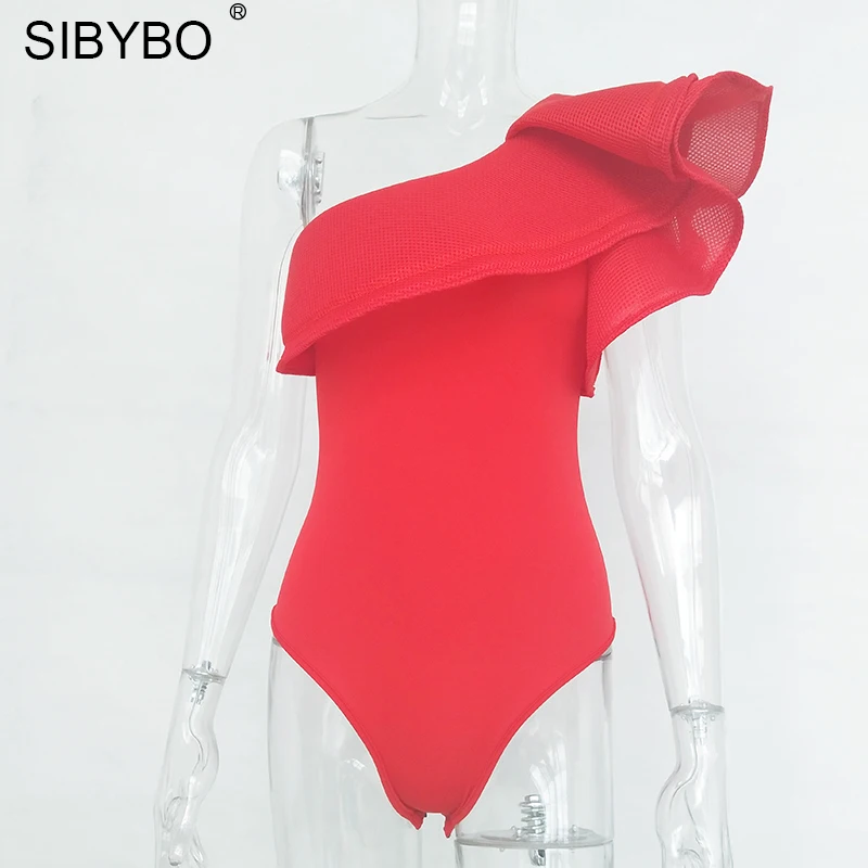 Женский сетчатый комбинезон Sibybo белый Облегающий с оборками и открытыми плечами