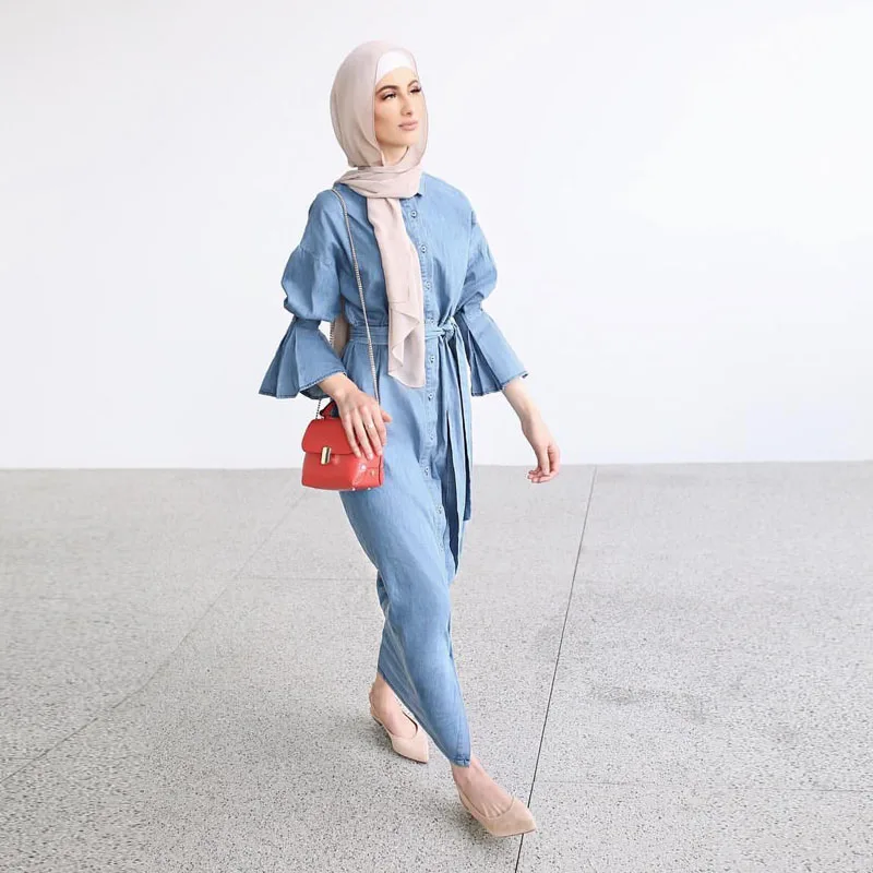 

Muslim Girl Fashion Cowboy Dress Fashion Folding Sleeve Full Button Turkey Middle East Long Round Neck Denim Cardigan Dress