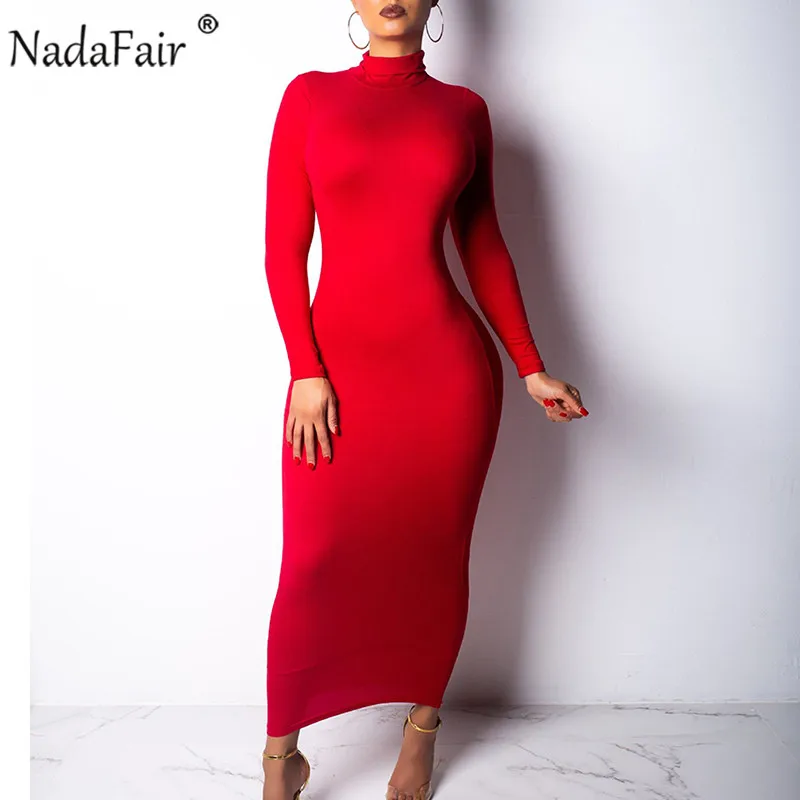 Nadafair осеннее сексуальное длинное платье в обтяжку Женское зимнее платье с высоким воротом и длинными рукавами красные, черные, белые Клубные Вечерние Платья Миди
