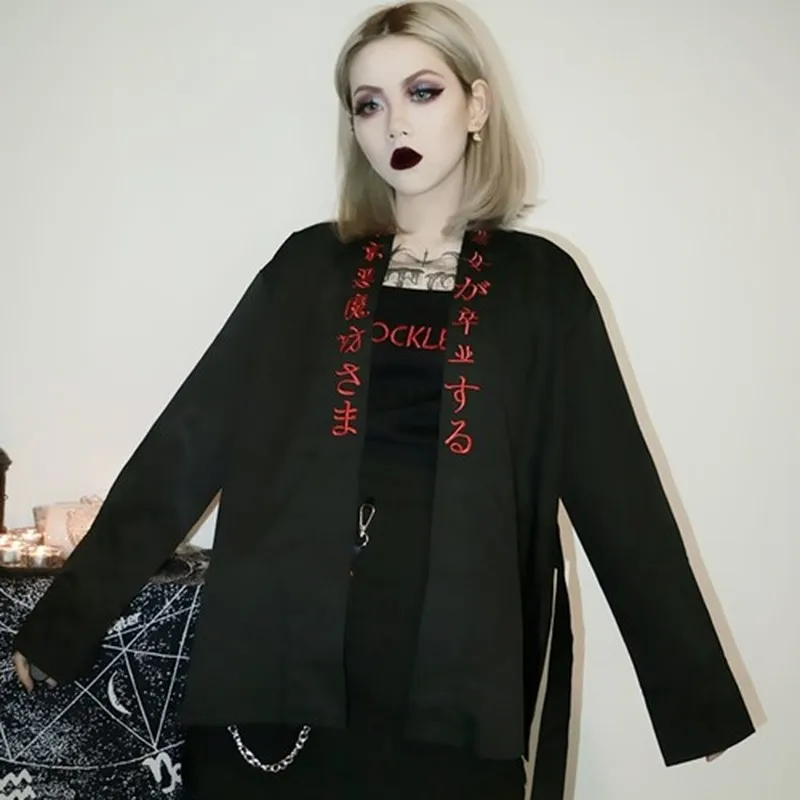 Kpop Ulzzang Street Стиль черный рубашки для мальчиков женщин кимоно японский Harajuku