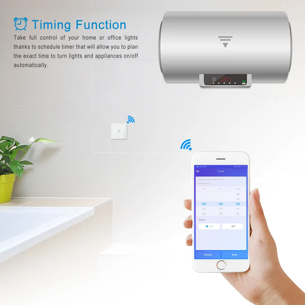 1pc WiFi Smart Boiler Switch Water Heater Smart Life Ewelink APP Remote Control Echo Home Voice Control Glass Panel