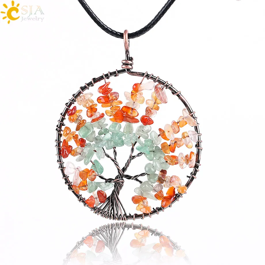CSJA Tree of Life Chip Natural Stone Necklace & Pendants Purple Yellow Crystal Quartz Green Aventurine Reiki Chakra Jewelry E767 |