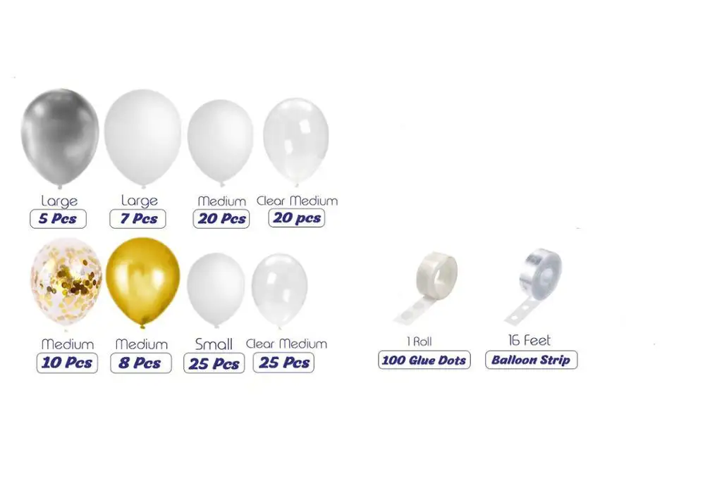 

Balloon Arch 0f White Silver Gold Confetti Balloons for party suppies.