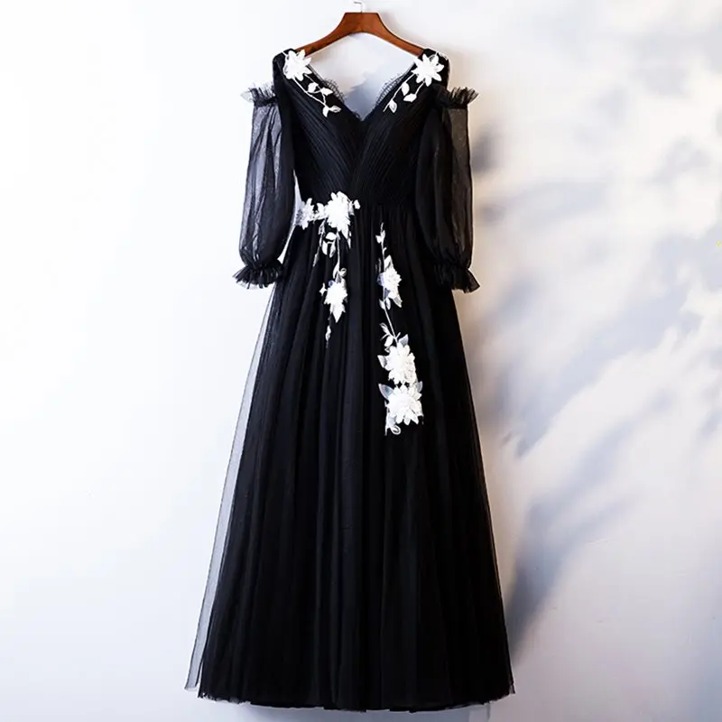Dressv Черное вечернее платье с v-образным вырезом, с длинным рукавом, с открытой спиной, с аппликацией, длина до пола, свадебное вечернее платье, вечернее платье es - Цвет: Black