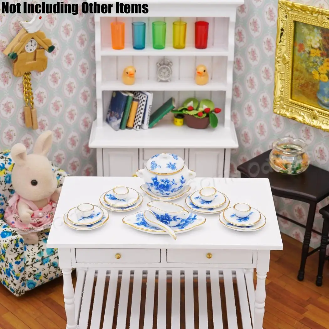Миниатюрная посуда Odoria 1:12 17 шт. фарфоровая синего цвета с золотой обрезкой чашки