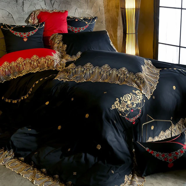 

Black 80S Egyptian Cotton Luxury Princess Royal Bedding set Queen King Lace Duvet cover Bed sheet/Linen set Pillowcase 4/6pcs