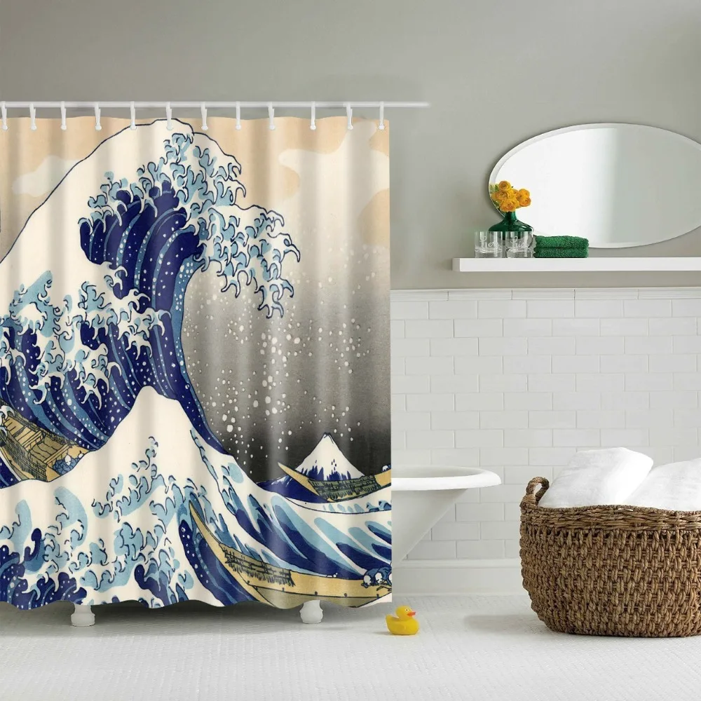 

Waterproof Polyester Wave shower curtain Washable environmentally friendly shower curtain with plastic hook TZ160923