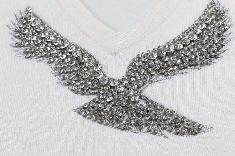 S-XL,, весенние новые модные женские свитера, полный рукав, v-образный вырез, бисер, Орел, алмаз, пуловеры, компьютерная вязка, для торжеств
