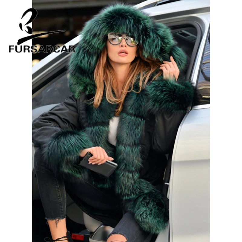 FURSARCAR/зимнее пальто из натурального меха женская черная парка с толстым