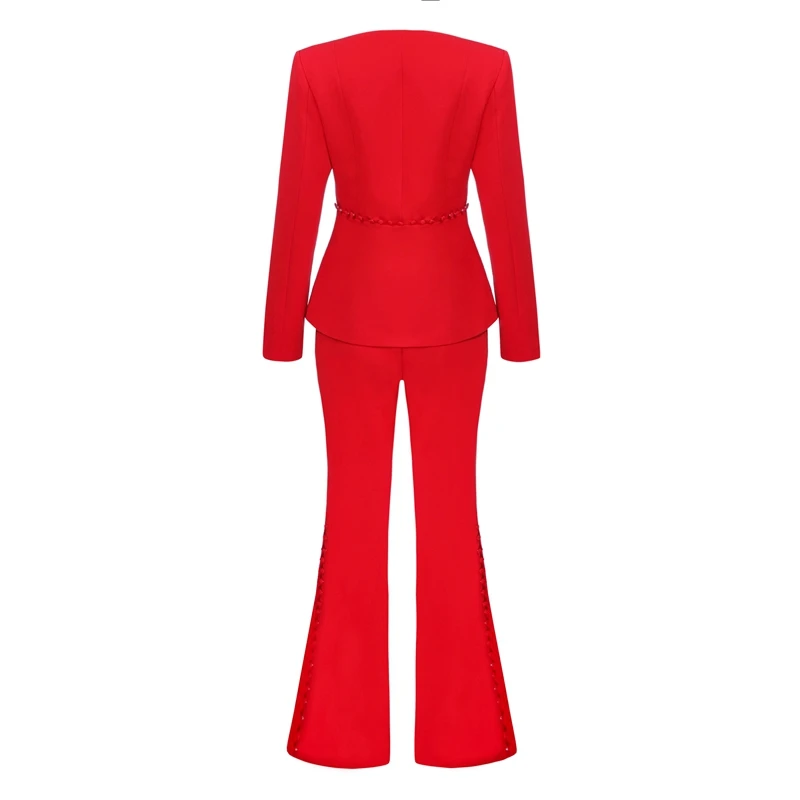 Bqueen 2019 New Women Red Two Piece Sets Office Lady V-Neck Sexy Set Long Sleeve Full Length Pants Fashion | Женская одежда