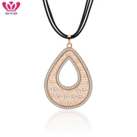 vintage crystal water drop pendant necklace for women gold hollow flower multi layers black leather chain long necklace jewelry