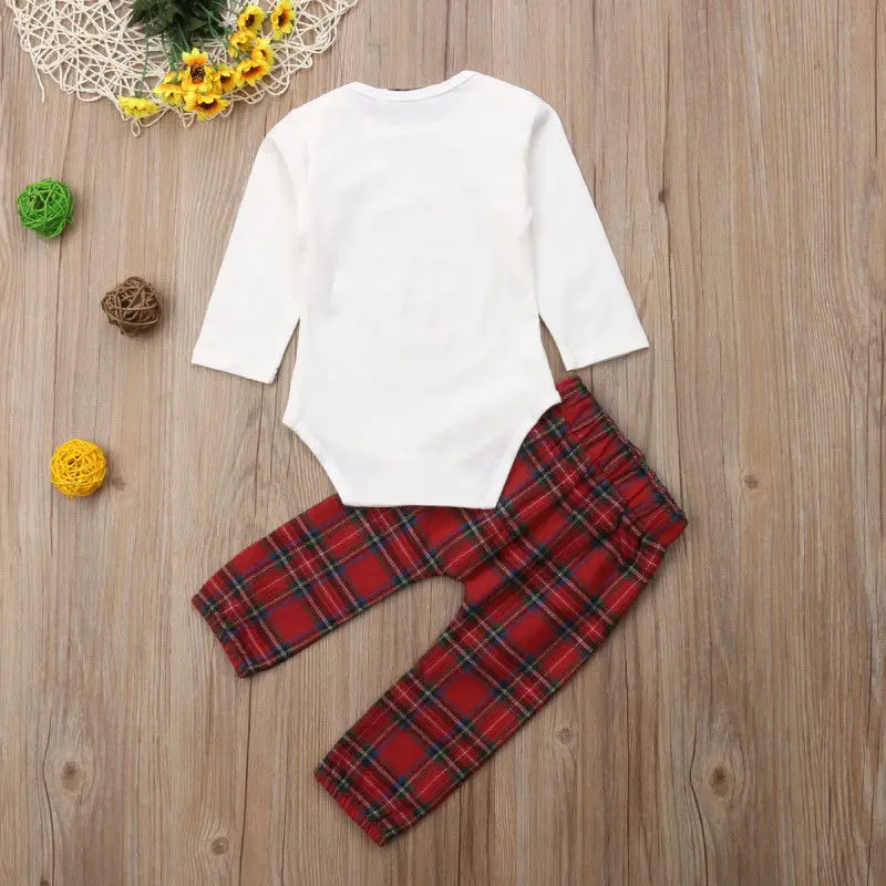 Christmas Newborn Baby Boys Girls Deer Print Clothes Sets Long Sleeve Cartoon White Romper Tops+Plaid Red Pants | Детская одежда и