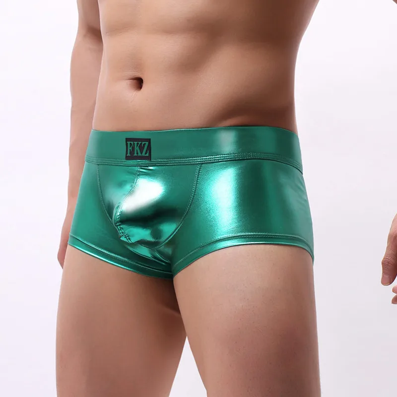 Men Boxer Shorts Sexy Male Low Rise PU Leather U Bulge Underwear Gay Party Club Boxers Shorts Bikini Underpants Cueca