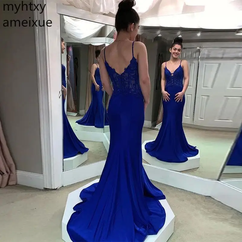 Royal Blue V-neck Custom Evening Dresses Mermaid Style Backless 2020 New Women Formal Dress Sweep Train Special Robe De Soiree