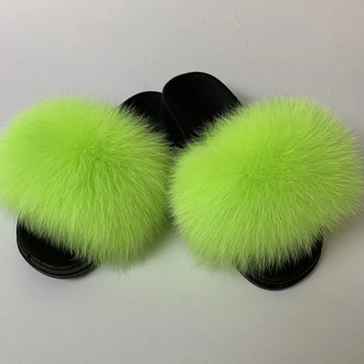 candy green ZDFURS/; модные шлепанцы с лисьим мехом; шлепанцы без задника с натуральным мехом; Летние вьетнамки; повседневные Модные босоножки с лисьим мехом; модная плюшевая обувь; - Цвет: candy green