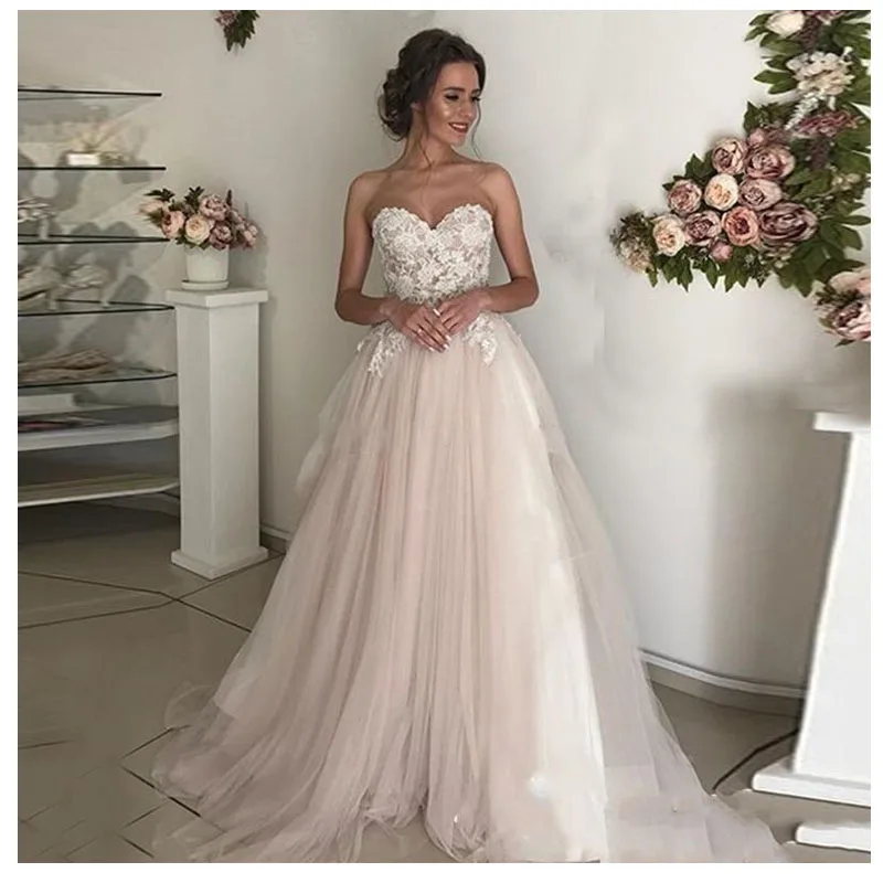 

Light Pink Lace Sweetheart A-Line Appliques Tulle Bridal Wedding Dress Robe De Mariee Sofuge Boho Dubai Arabic Abiti Da Sposa