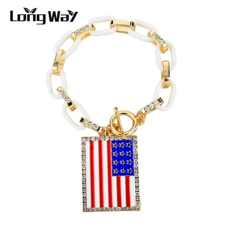 

LongWay Gold Color Plastic Link Crystal Bracelets & Bangles Square Us Flag Charm Bracelets For Women Jewellery Sbr150386103