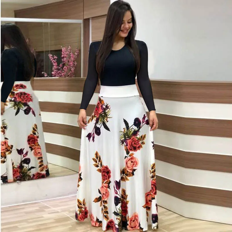 Платье Макси женское с цветочным принтом и длинным рукавом|Женские платья| |