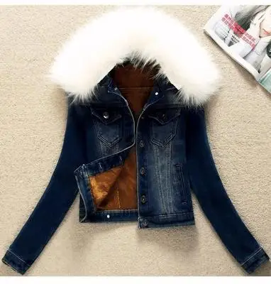 215White fur collar Сезон осень-зима, джинсовая куртка женская одежда Корейский плюс бархатная короткая джинсовая куртка верхняя одежда тонкий плюс размер женское базовое пальто K896 - Цвет: 215White fur collar