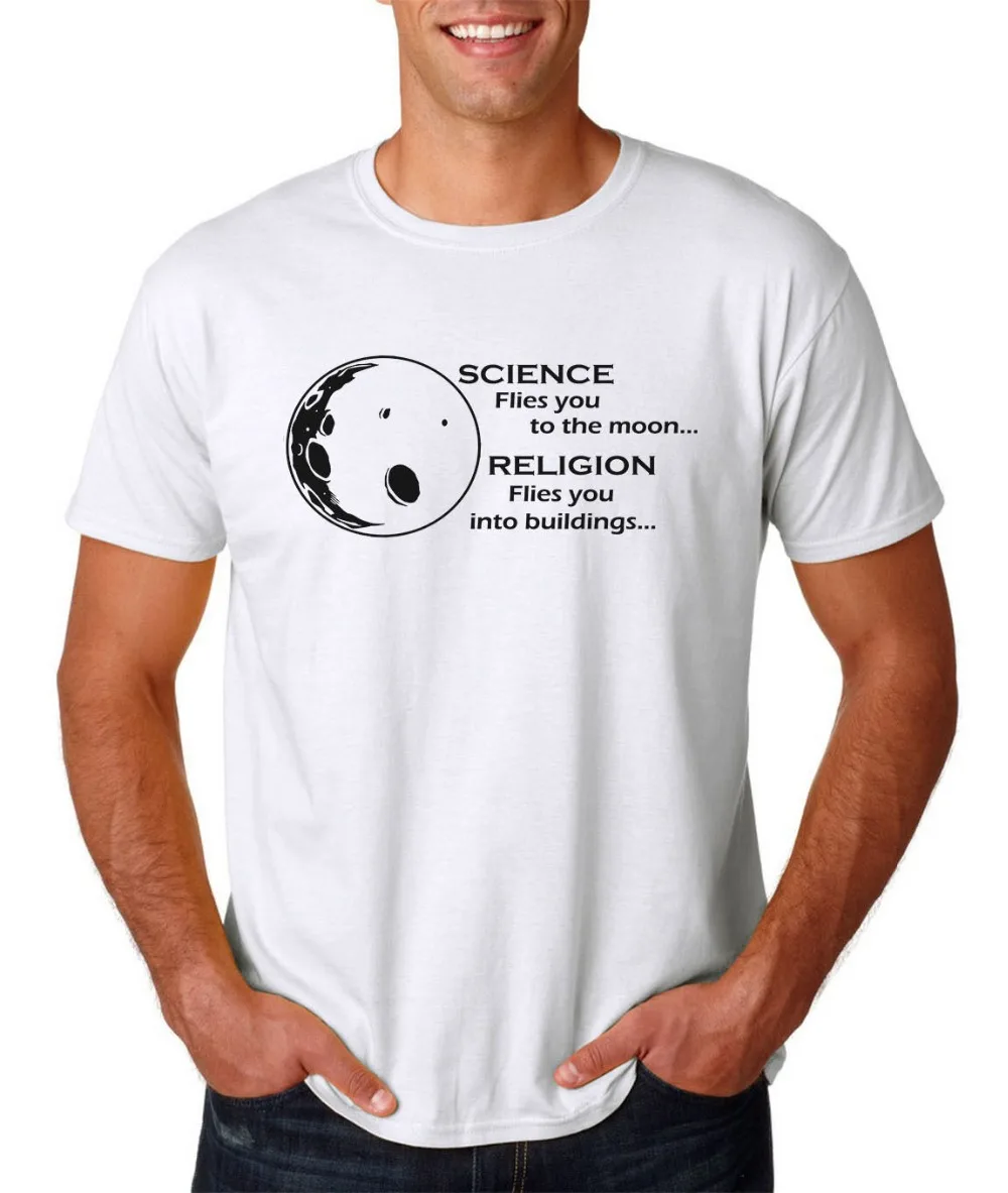 Футболка Science Fly You To The Moon Religion Into Buildings Atheist Agnostic недорогие футболки с принтом на