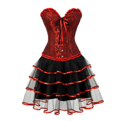 blackred7017red Викторианское платье с корсетом в готическом стиле винтажные Корсеты выше груди и бюстье юбка-пачка комплект плюс размер костюм для бурлеска модный сексуальный красный - Цвет: blackred7017red