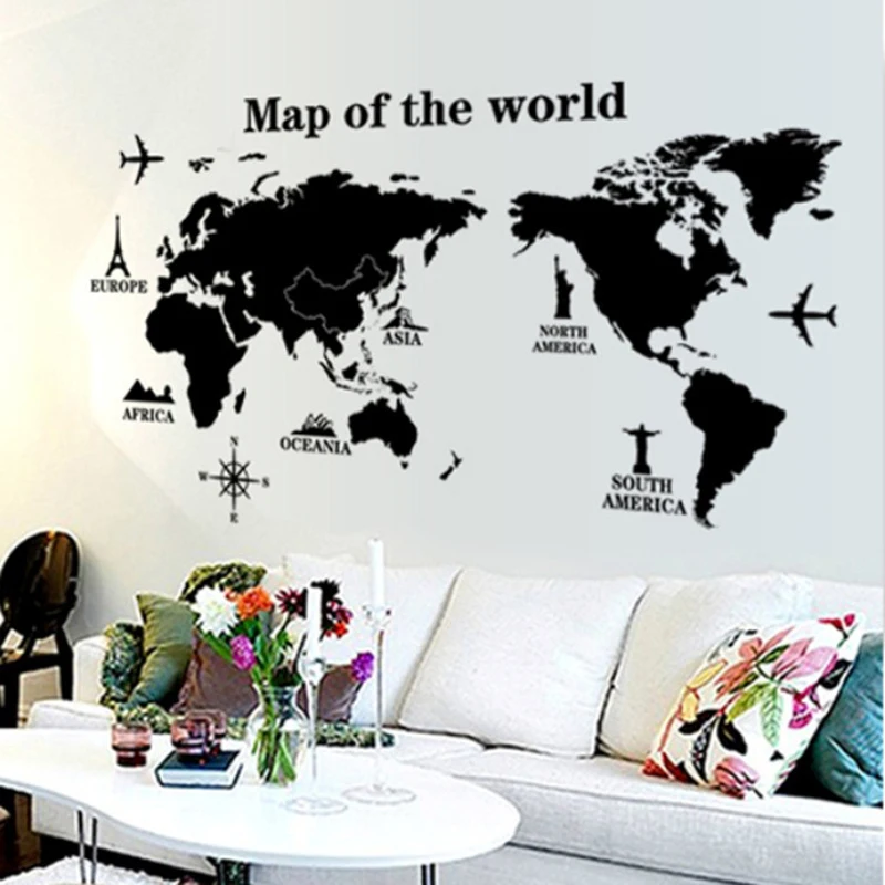 Black International world map DIY Vinyl Wall Stickers Kids love Home Decor office Art Decals creative 3D Wallpaper decoration