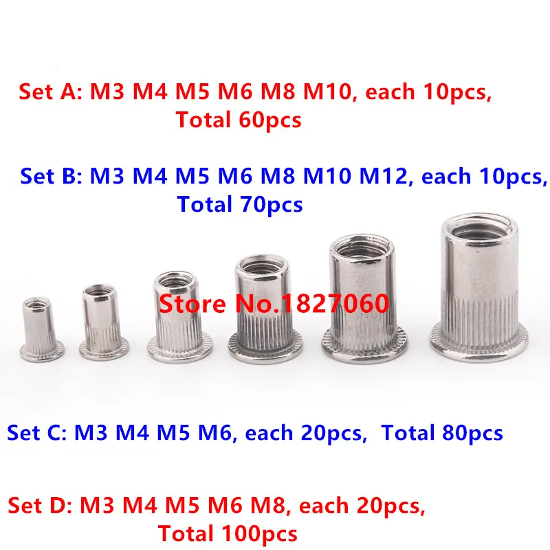 

50pcs M3 M4 M5 M6 M8 M10 M12 Rivet Nut 304 Stainless steel Insert Nut Kits A2 Blind Rivet nut Inserts Flat Head Rivet Nut Rivnut