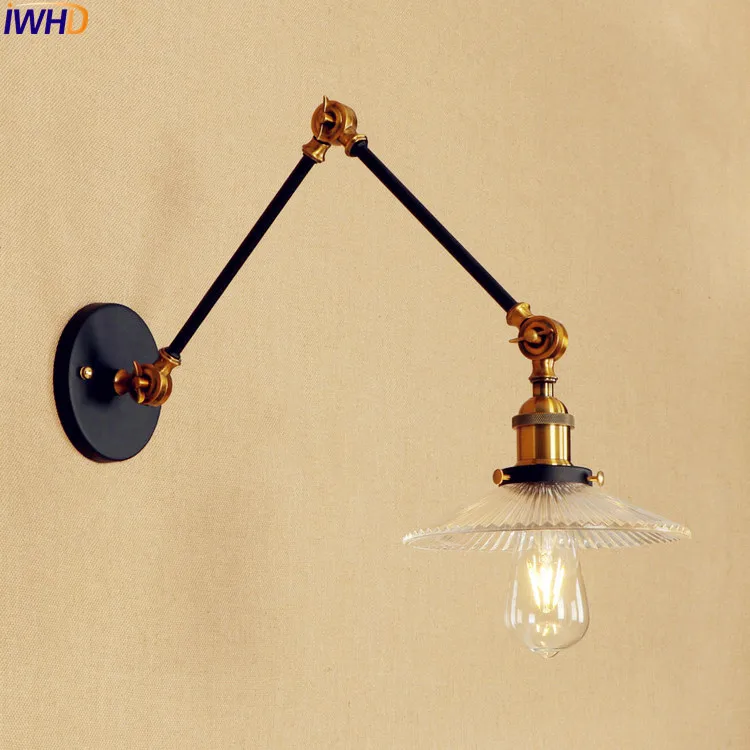 IWHD Antique Glass Retro Wall Lights Fixtures Bedroom Adjustable Swing Long Arm Wall Lamp Vintage Loft Industrial Home Lighting