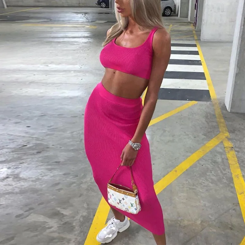 Rose Pink Nadafair, летнее трикотажное платье-карандаш без рукавов в рубчик, Сексуальные клубные вечерние платья миди, кроп-топ на бретельках, облегающее платье с высокой талией - Цвет: Rose Pink