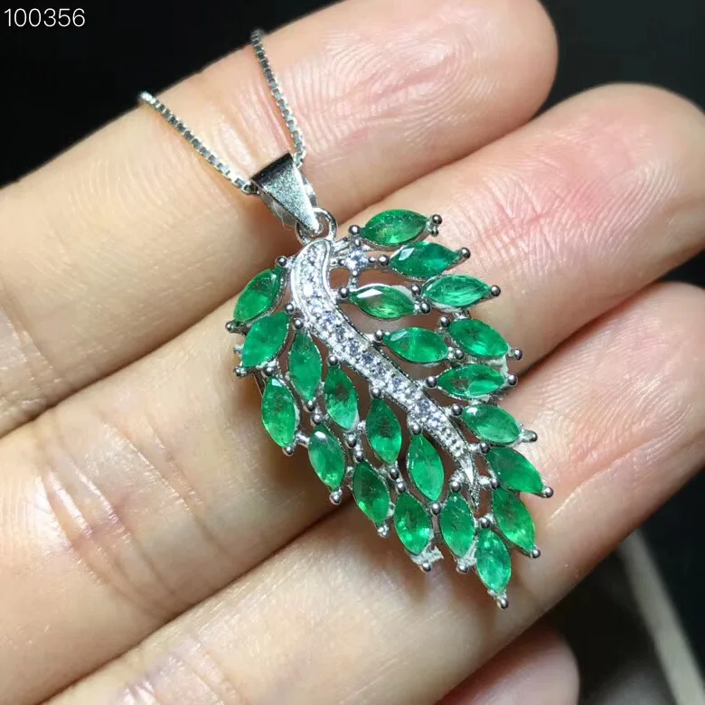 Uloveido Green Emerald Stone Leaf Pendant Necklace Women 925 Sterling Silver Gemstone Fine for Girl FN328 | Украшения и