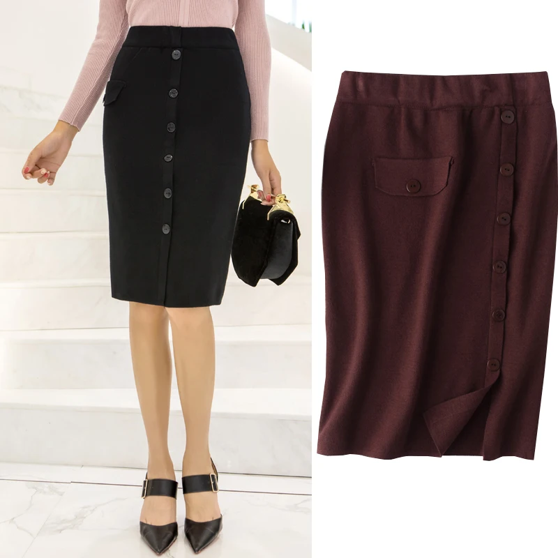 AreMoMuWha New Spring Autumn Vintage Solid Knitting Skirt Women Work Wear High Waist Skirts Elegant All-Match Button Mh092 | Женская