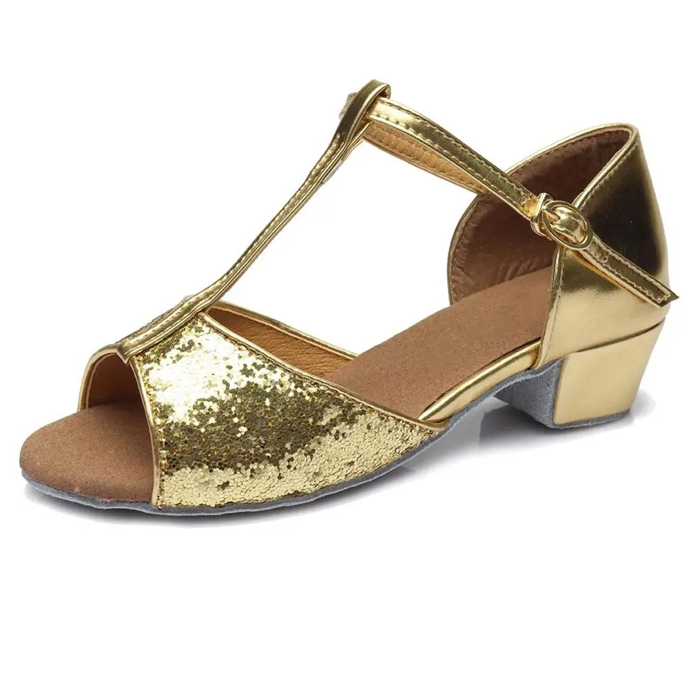 Gold Sequin Новое поступление, бальные туфли для латинских танцев для женщин, детей 17-25 см, танго, высокое качество, низкий каблук для женщин, латинские танцевальные туфли - Цвет: Gold Sequin