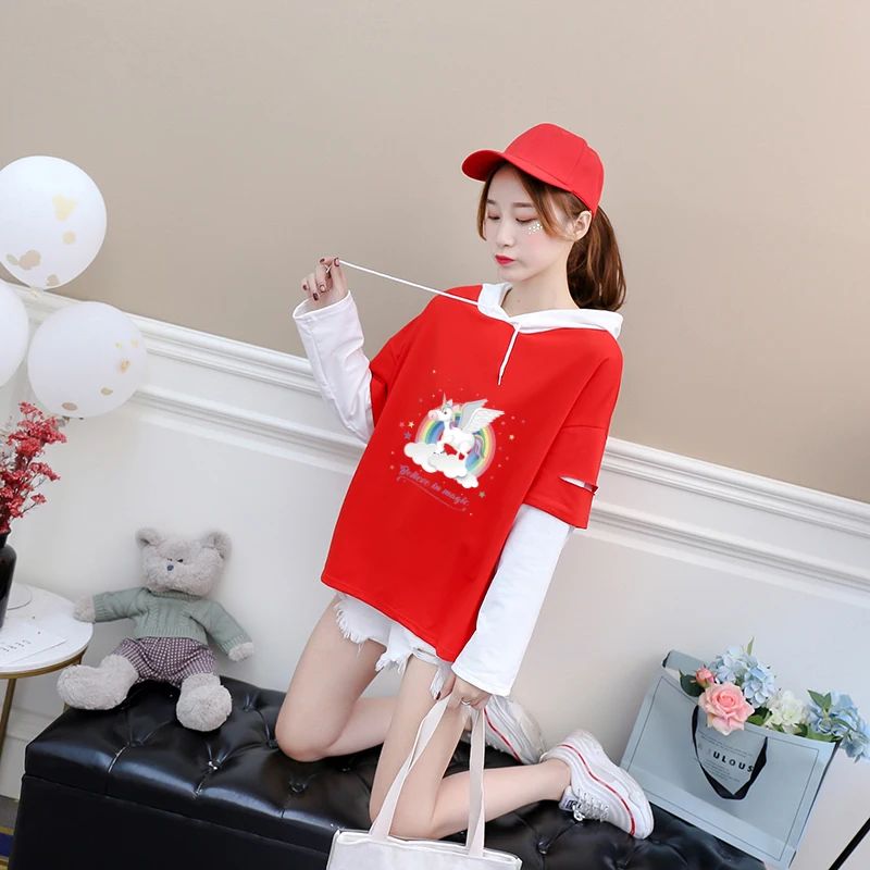 

Women T Shirt Autumn New Harajuku Kawaii Cartoon Unicorn T-Shirts Casual Raglan Long Sleeve Patchwork Hooded Tops Korean Clothes