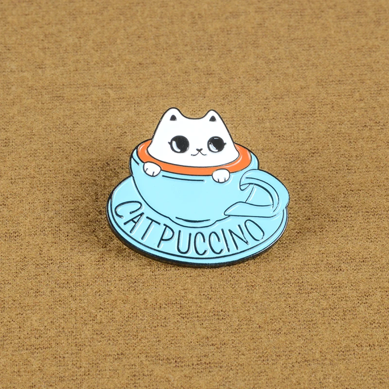 Pet Cat Themed Coffee Shop Souvenir Gift For Friends Blue Tea Cup Cute White Cat Coffee Bath Enamel Brooches Badge Lapel Pins images - 6