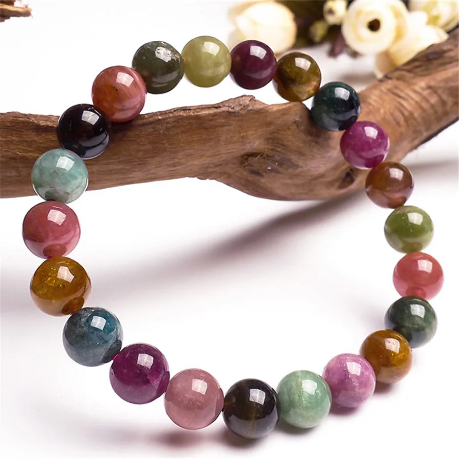 Фото Женский браслет из натурального турмалина разноцветный растягивающийся с