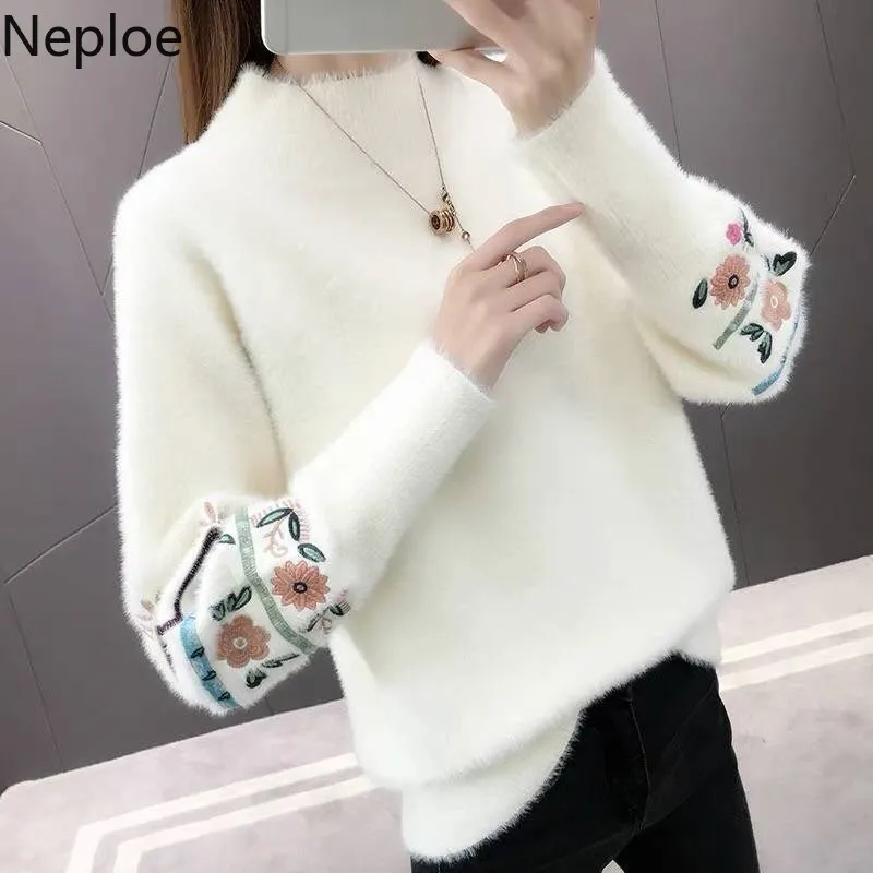Neploe Korean Autumn Winter Loose Wild Knitted Sweaters Turtleneck Solid Flower Pullover Preppy Style Elegant Sweater 45515 | Женская