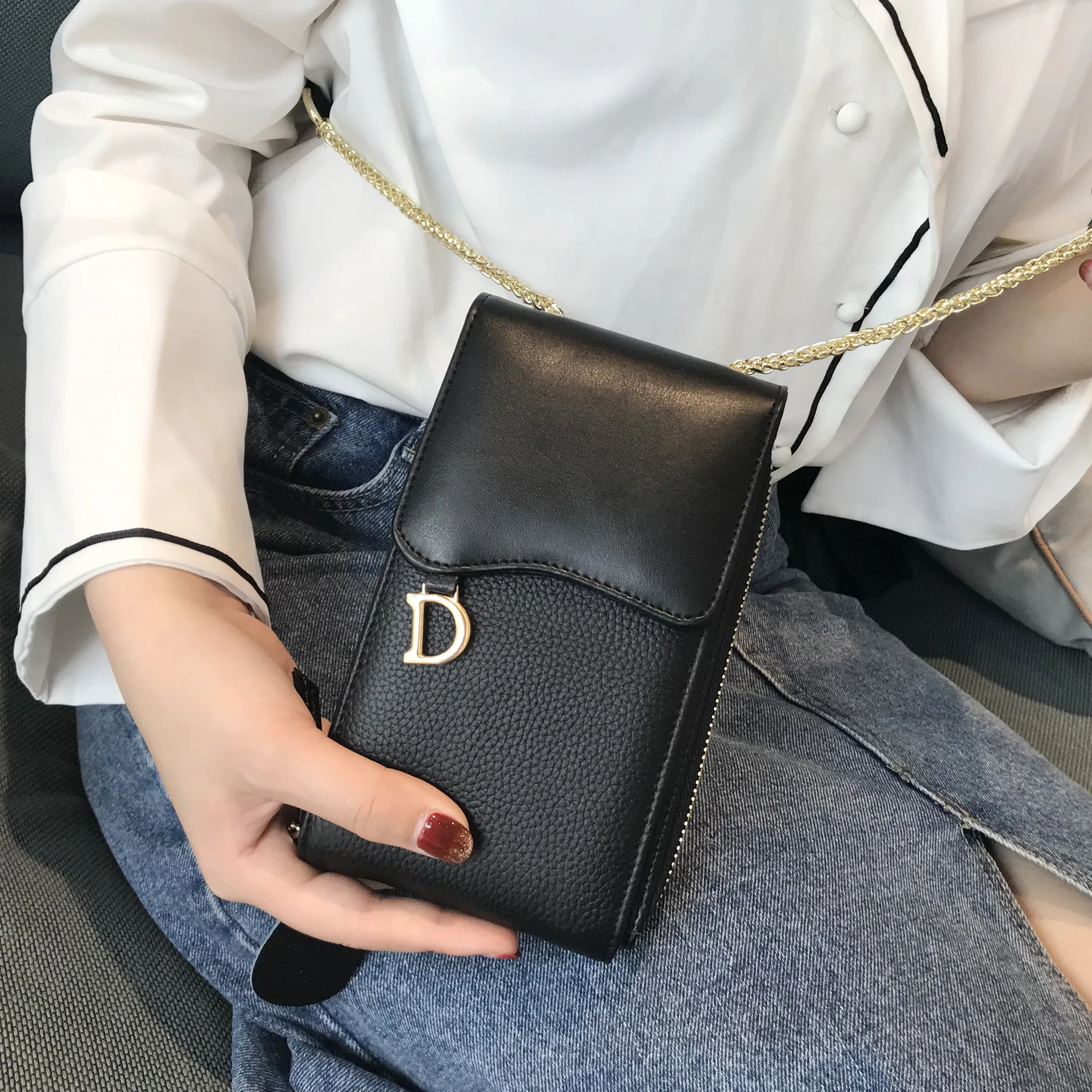Черный CICICUFF Genuine Leather Women Mobile Phone Bags Fashion Small Purse Female Chain Buckle Mini Shoulder Messenger Bag for IPhone - Цвет: Черный
