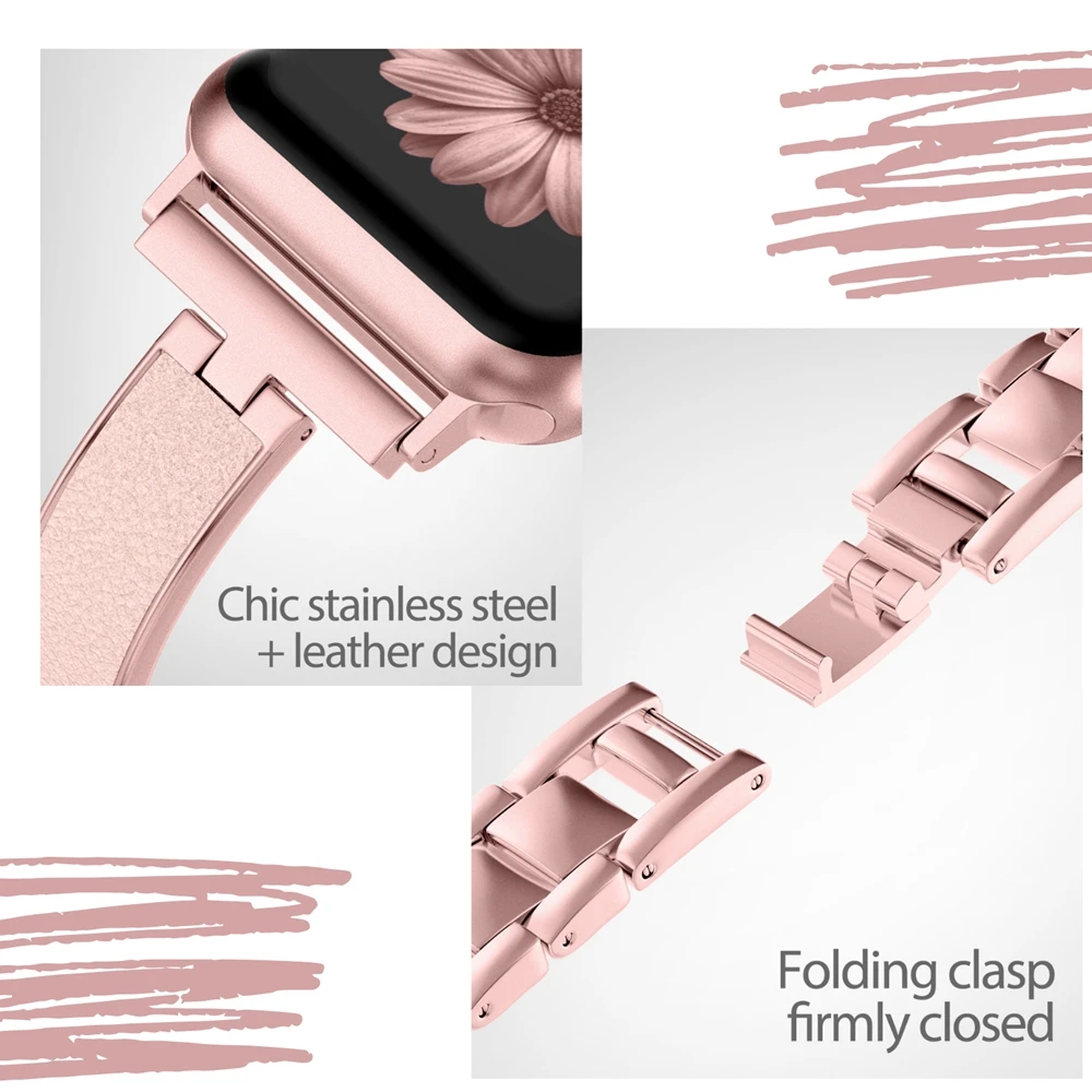 Женский металлический ремешок для Apple Watch Series 5, 40 мм, 44 м, металлический+ кожаный браслет, ремешок для iWatch Series 4, 3, 2, 1, 38 мм, 42 мм