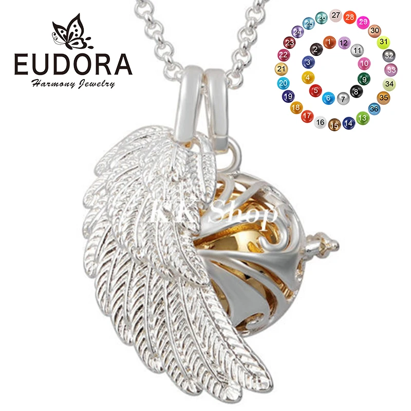 

EUDORA Copper Angel Wing Locket Cage Necklace 20 mm Chime Ball Pendant Mexican Ball Bola Fashion Chains Pendant Jewelry FH35