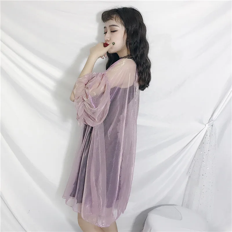 2018 Новый Harajuku лазерной розовый/фиолетовый перспектива Сетчатое платье Женский
