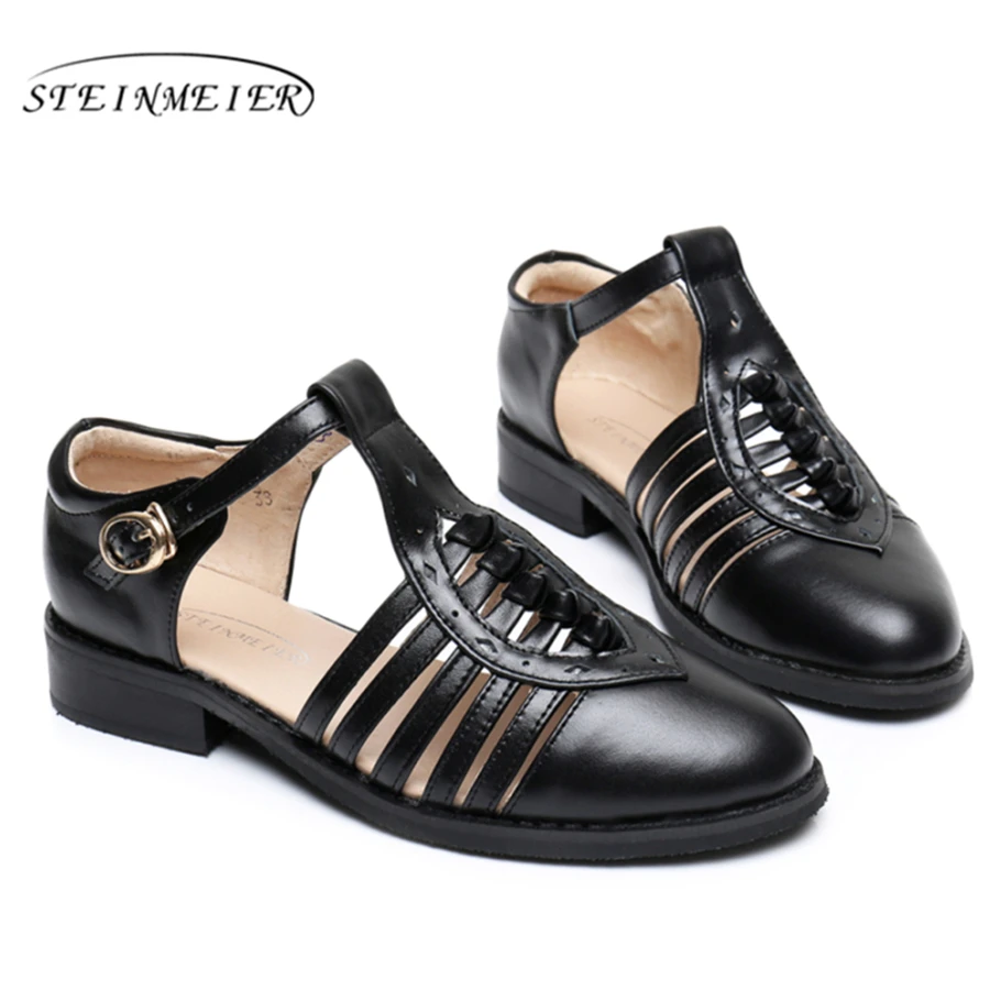 

Genuine cow leather lady Sandals flats shoes designer vintage handmade oxford shoes for women 2020 black grey brown summer