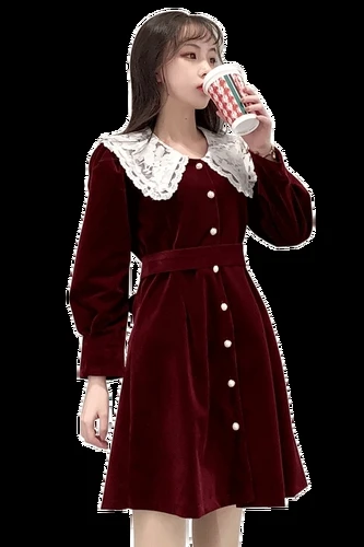 Korean Chic Preppy Style Vintage Gold Velvet Women Dress Lace Peter Pan Collar Full Sleeve Pearl Button Kawaii Dresses Woman | Женская