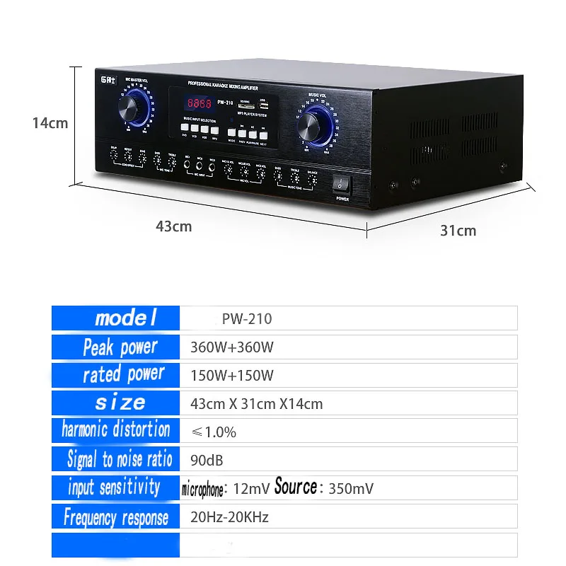 

high-power stage HIFI card Bluetooth amplifier KTV home amplifier K song professional fever power amplifier PW-210
