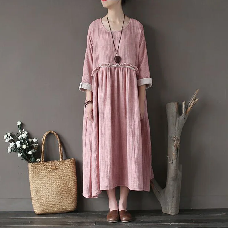 Женское льняное платье с длинным рукавом повседневное винтажное размера плюс