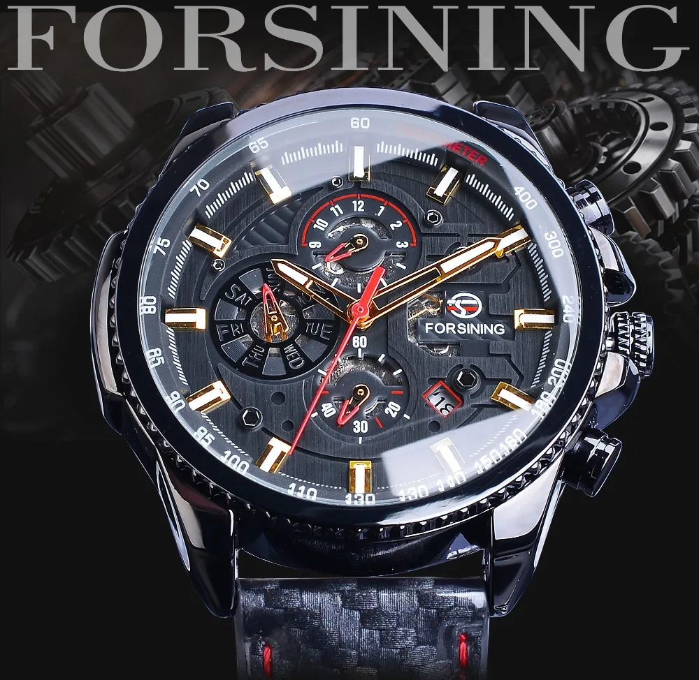 Forsining, черные, автоматические, скоростные, для гонок, мужские спортивные часы, 3 циферблата, дата, день, блестящий, полированный, кожаный ремешок, механические, Relojes Hombre