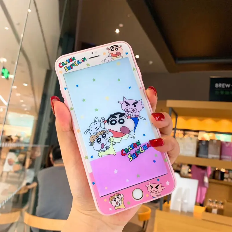С рисунком из мультфильма Аниме Crayon Shin-chan Стекло задняя крышка для iphone X чехол& Передняя защитная крышка телефона для iphone XR 7 6 S Plus чехол fundas для iphone X