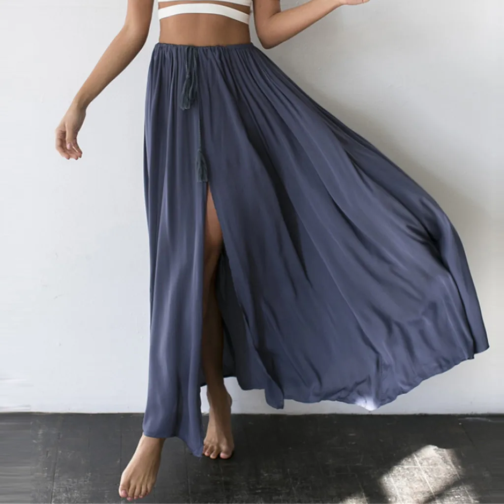 Женская длинная шифоновая юбка BOHO однотонная с высокой талией W425 лето осень