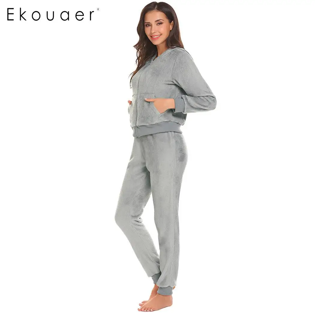 Ekouaer/теплые женские пижамные комплекты зимняя одежда для сна из флиса с капюшоном
